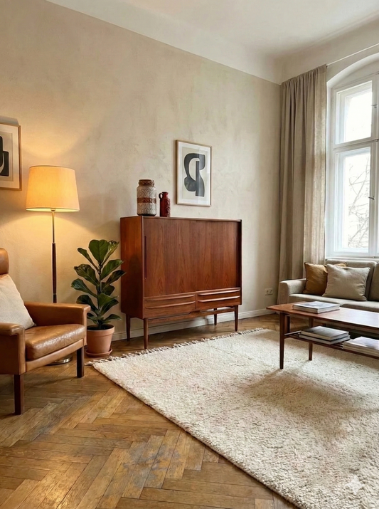 Armadio bar danese in teak anni 60 in soggiorno, vista lifestyle con poltrona e lampada vintage