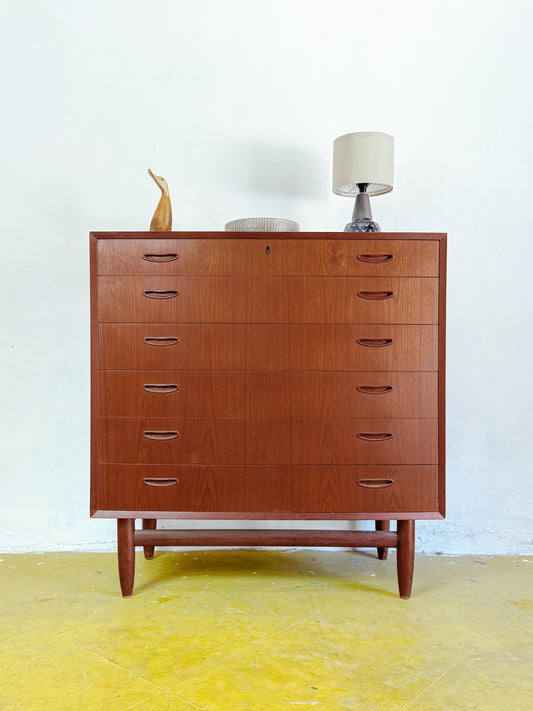 Cassettiera orizzontale vintage danese anni 50 teak 6 file cassetti comò restaurato