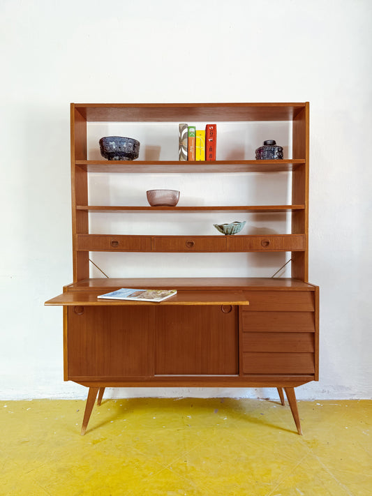 Libreria scrittoio vintage svedese anni 60 teak quercia piano estraibile multifunzionale restaurata