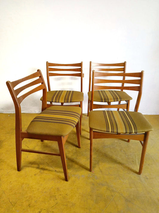 Set 4 sedie vintage Saxo danesi schienale doghe seduta righe gialle marroni anni 60-70