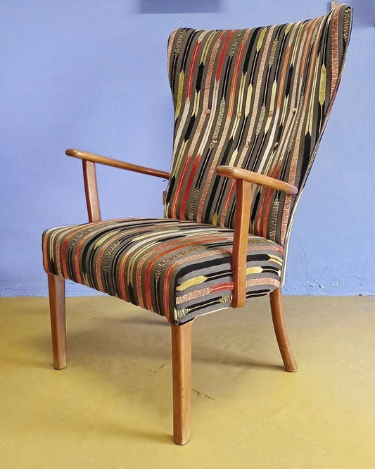 Poltrona bergère vintage danese anni 50 teak schienale alto ristoffata restaurata