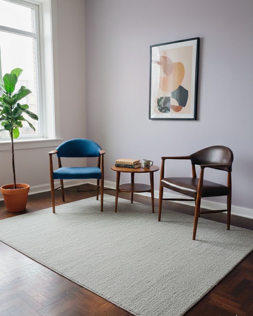 Poltroncine vintage danesi Kurt Olsen anni 60 in teak in contesto residenziale contemporaneo, design scandinavo mid-century