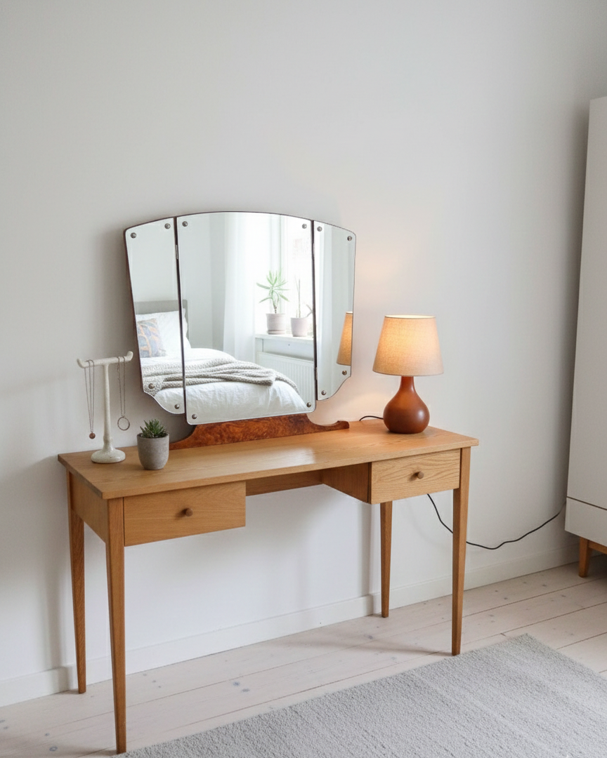 Specchio da toilette trittico design danese anni '60 in palissandro, tre ante regolabili su base curva