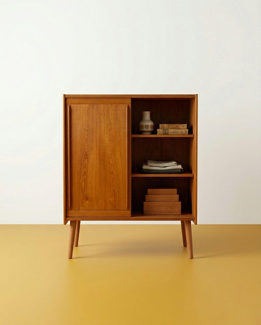 Armadio danese in teak anni 60 con anta aperta, vano interno a due ripiani con oggetti decorativi vintage