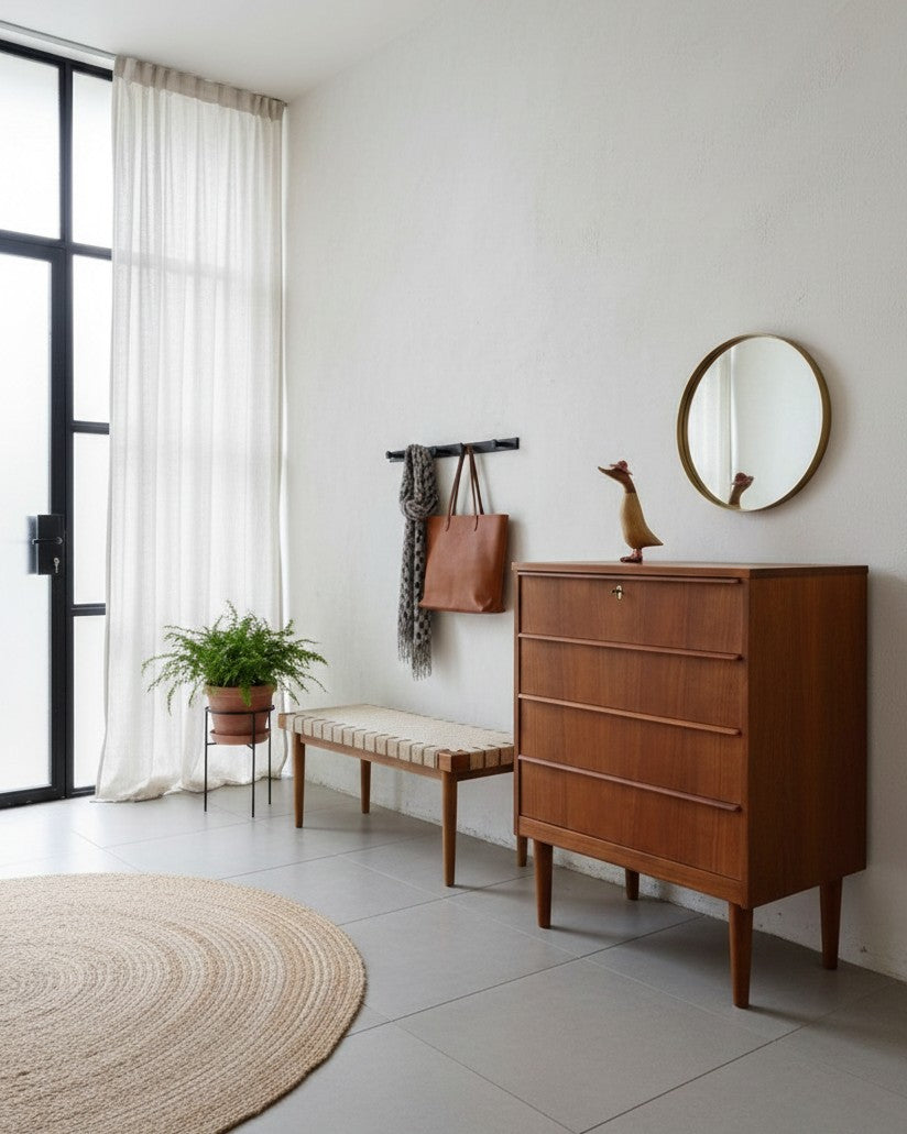 Cassettiera danese vintage anni 50 in teak in contesto residenziale contemporaneo, design scandinavo mid-century