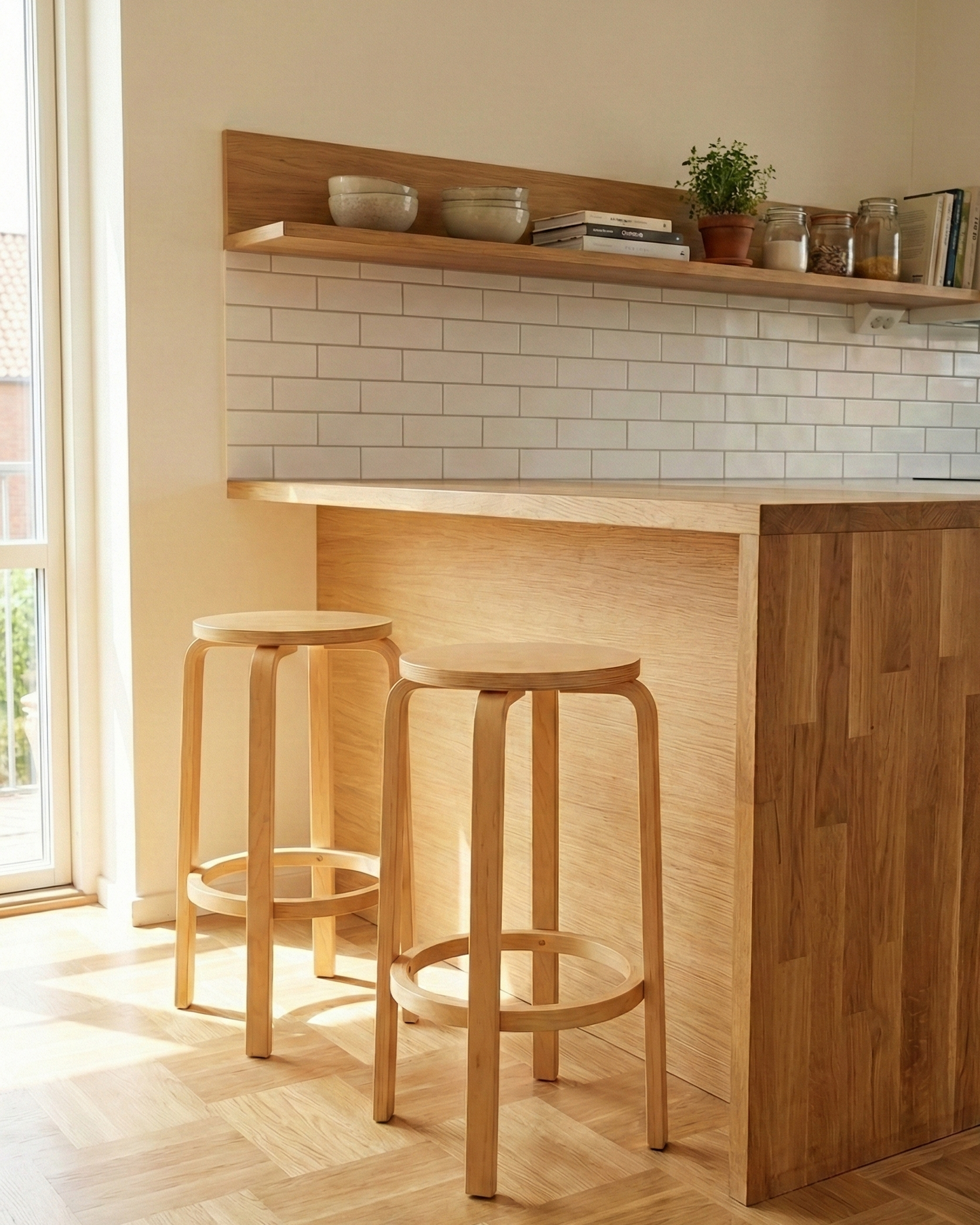 Coppia sgabelli scandinavi in betulla anni 60 in cucina moderna, vista lifestyle con penisola