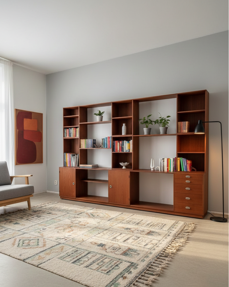 Libreria modulare Finn Juhl per France & Son in teak anni '60 ambientata in soggiorno scandinavo