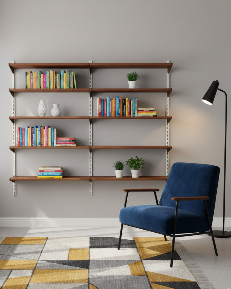 Sistema libreria a parete Kai Kristiansen anni 60 in teak con montanti bianchi, in contesto residenziale contemporaneo, design scandinavo modulare