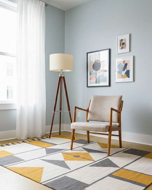 Poltrona vintage svedese anni '50 in betulla con tessuto a righe beige, design scandinavo linee essenziali