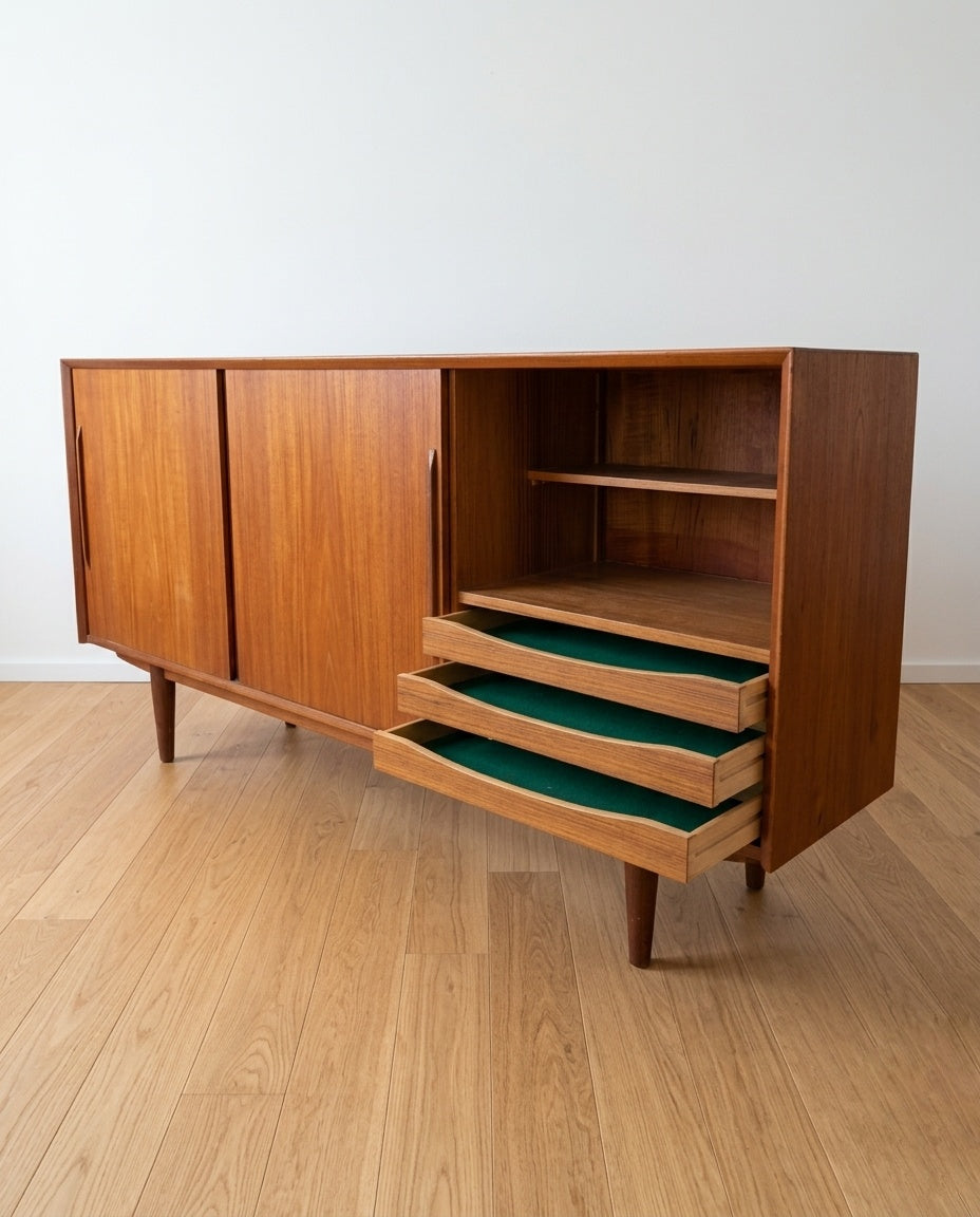 Dettaglio interno cassetti con fodera originale verde - sideboard vintage danese anni '50 in teak