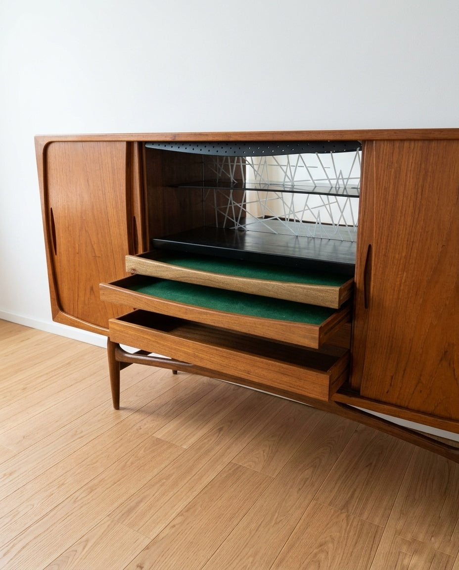 Interno mobile bar danese anni '50 - specchio con decoro a rombi, cassetti con fodera verde originale