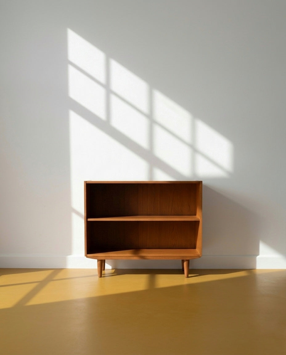 Libreria danese vintage in teak, due vani aperti sovrapposti e gambe affusolate, design scandinavo anni 50 60
