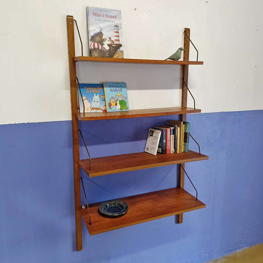 Libreria parete vintage danese anni 60 teak mensole sospese tiranti metallici restaurata
