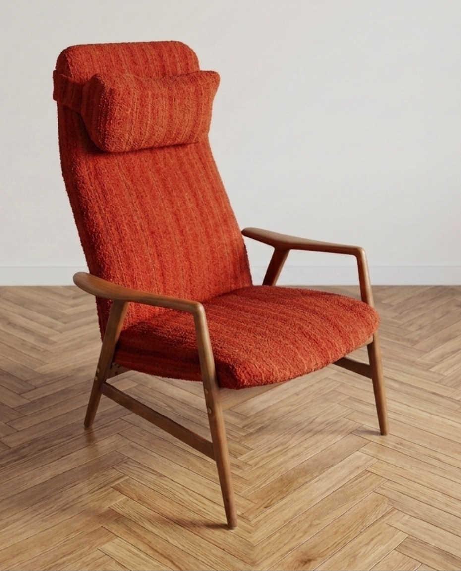 Poltrona Contour Alf Svensson anni '50, vista frontale, tappezzeria bouclé rosso-arancio e struttura in faggio pavimento parquet