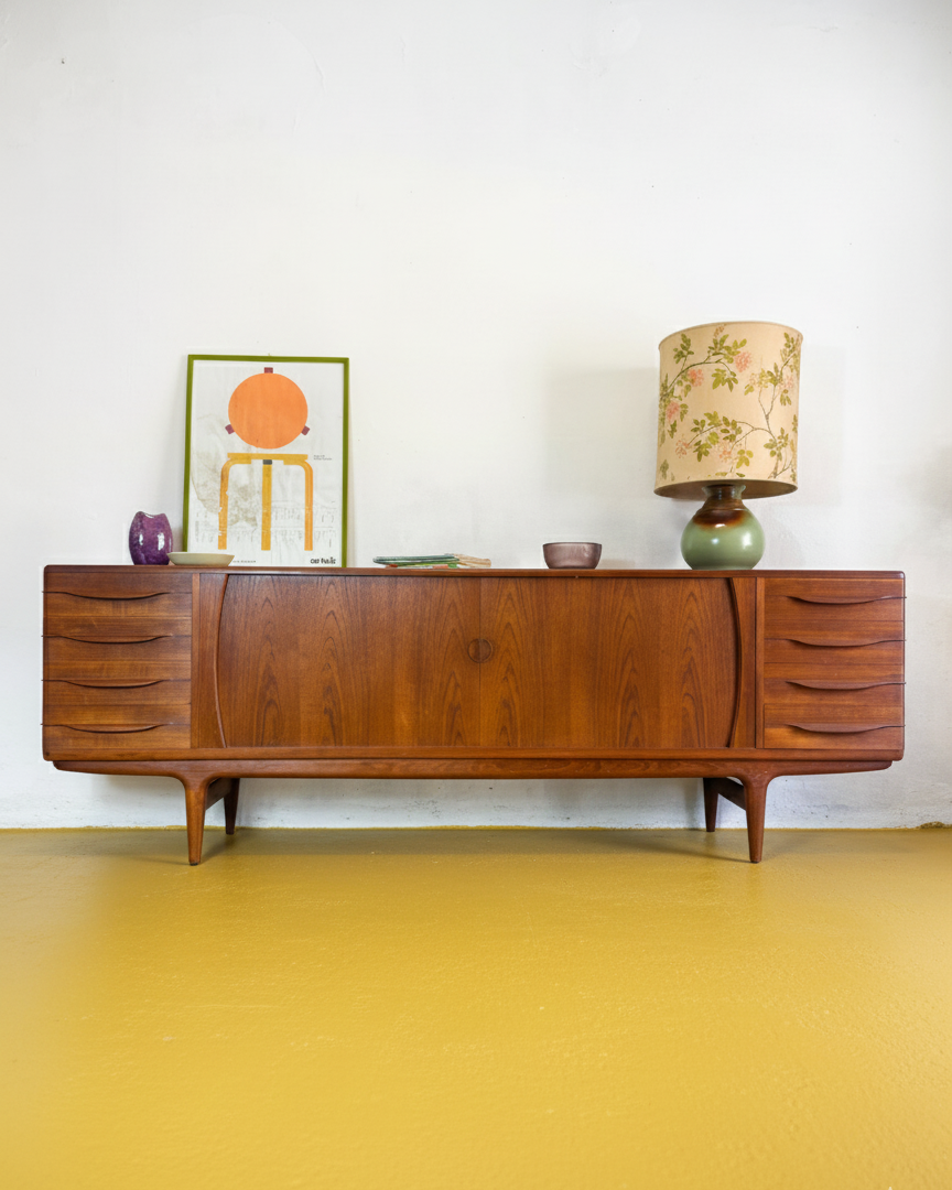Sideboard Johannes Andersen danese in teak massello anni 50, ante a serrandina centrali e colonne di cassetti laterali con maniglie scolpite, 238 cm