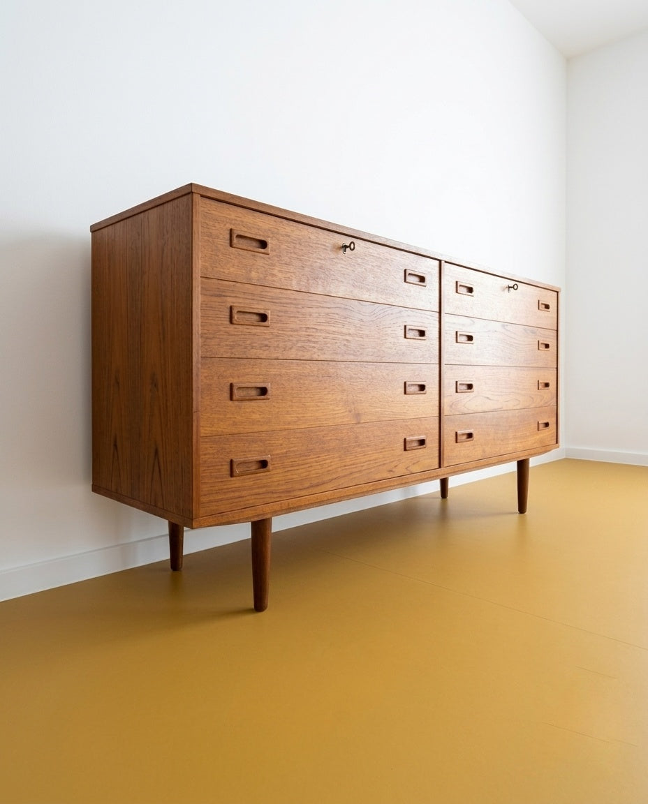 Sideboard danese anni '50 in teak con otto cassetti, vista frontale angolata