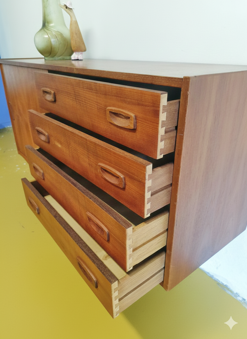 Sideboard danese in teak anni 60, cassetti aperti con interno in legno chiaro, dettaglio costruttivo