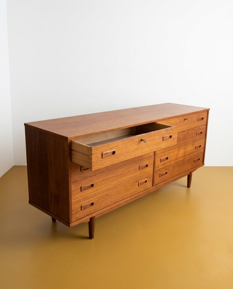 Sideboard danese vintage in teak, cassetto aperto con dettaglio degli incastri a coda di rondine