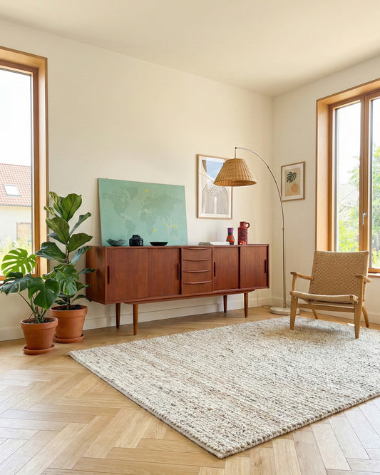 Sideboard danese vintage in teak anni 60, 190 cm, in soggiorno con monstera, poltrona in legno e corda, tappeto e lampada ad arco