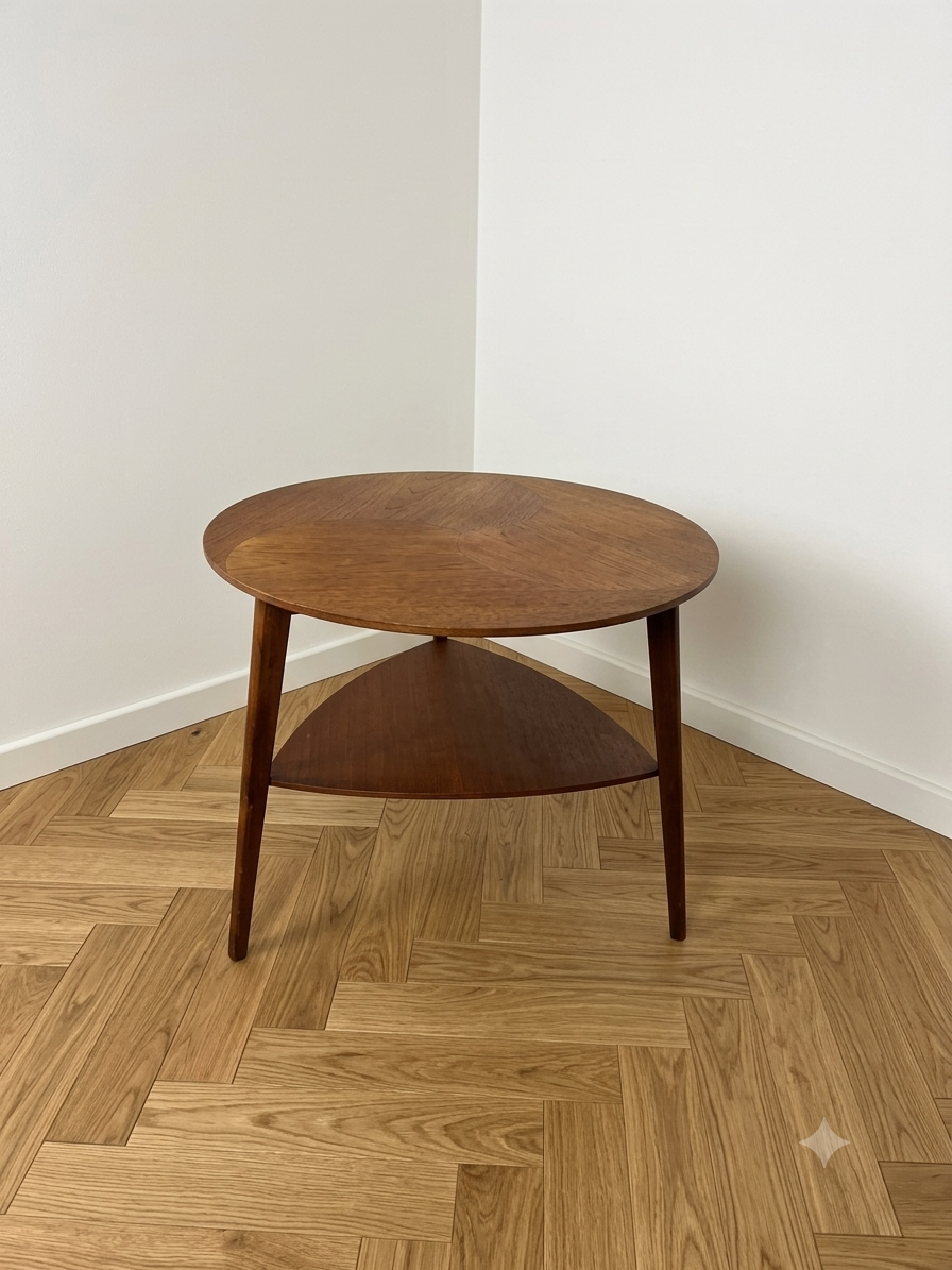 Tavolino tondo da caffè in teak - Jensen - pavimento parquet