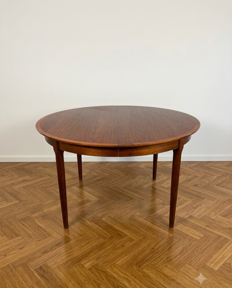 Tavolo da pranzo rotondo in teak design danese anni '60, Ø121 cm, quattro gambe affusolate, vista frontale pavimento parquet