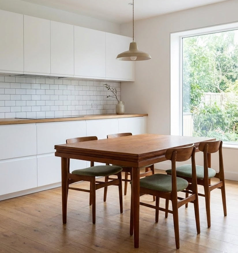 Tavolo danese in teak anni 60 in cucina con sedie vintage, vista lifestyle