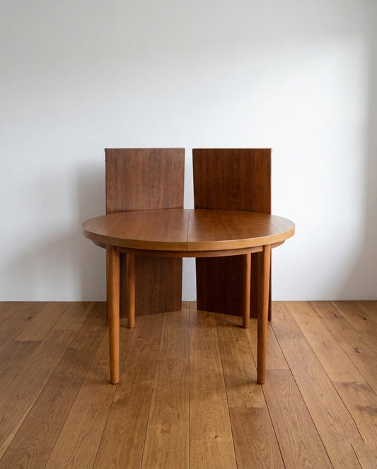 Tavolo rotondo vintage svedese anni '60 in noce con prolunghe appoggiate - Ø 110 cm allungabile fino a 210 cm, gambe coniche