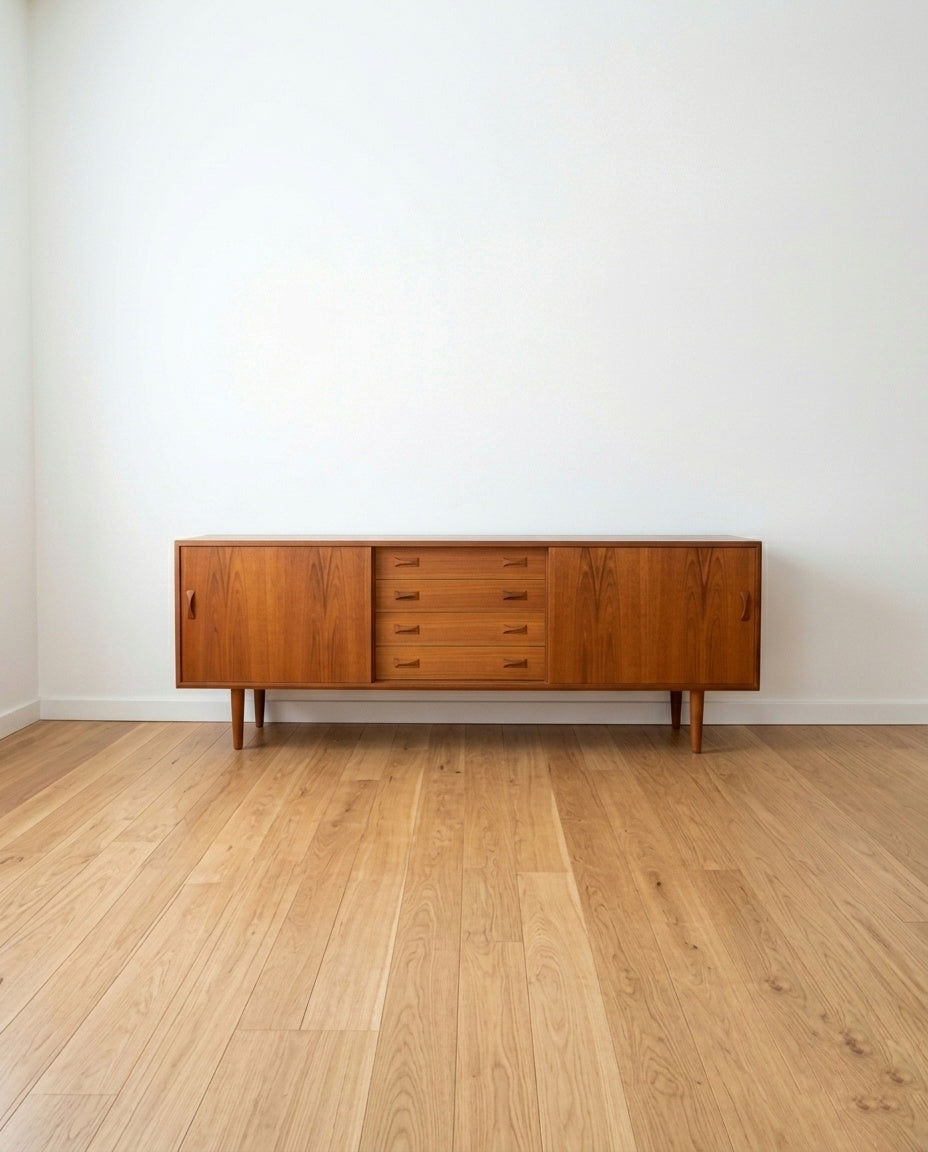 Vista frontale sideboard danese vintage anni '60 in teak - due ante scorrevoli e 4 cassetti con pomoli intagliati