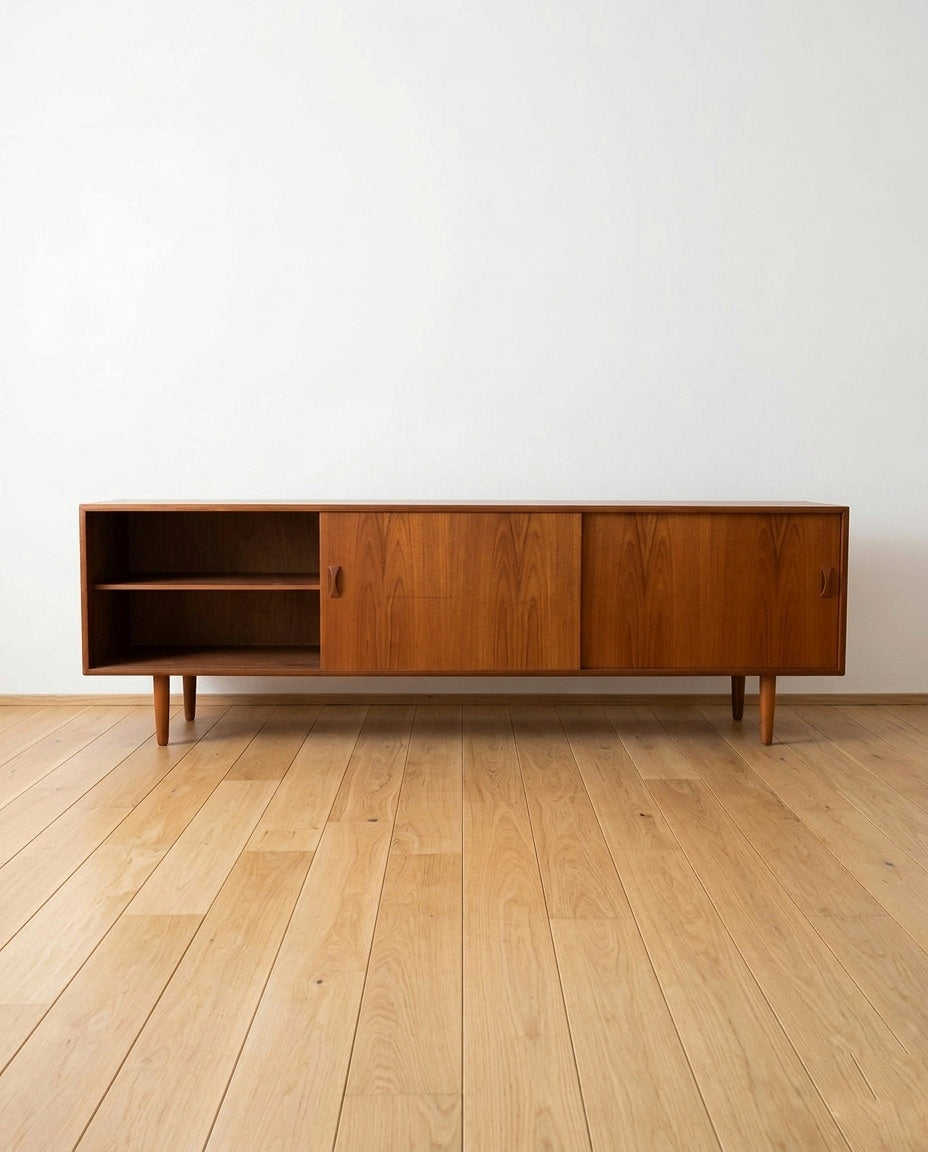 Vista frontale sideboard danese vintage anni '60 in teak - due ante scorrevoli e quattro cassetti con pomoli intagliati