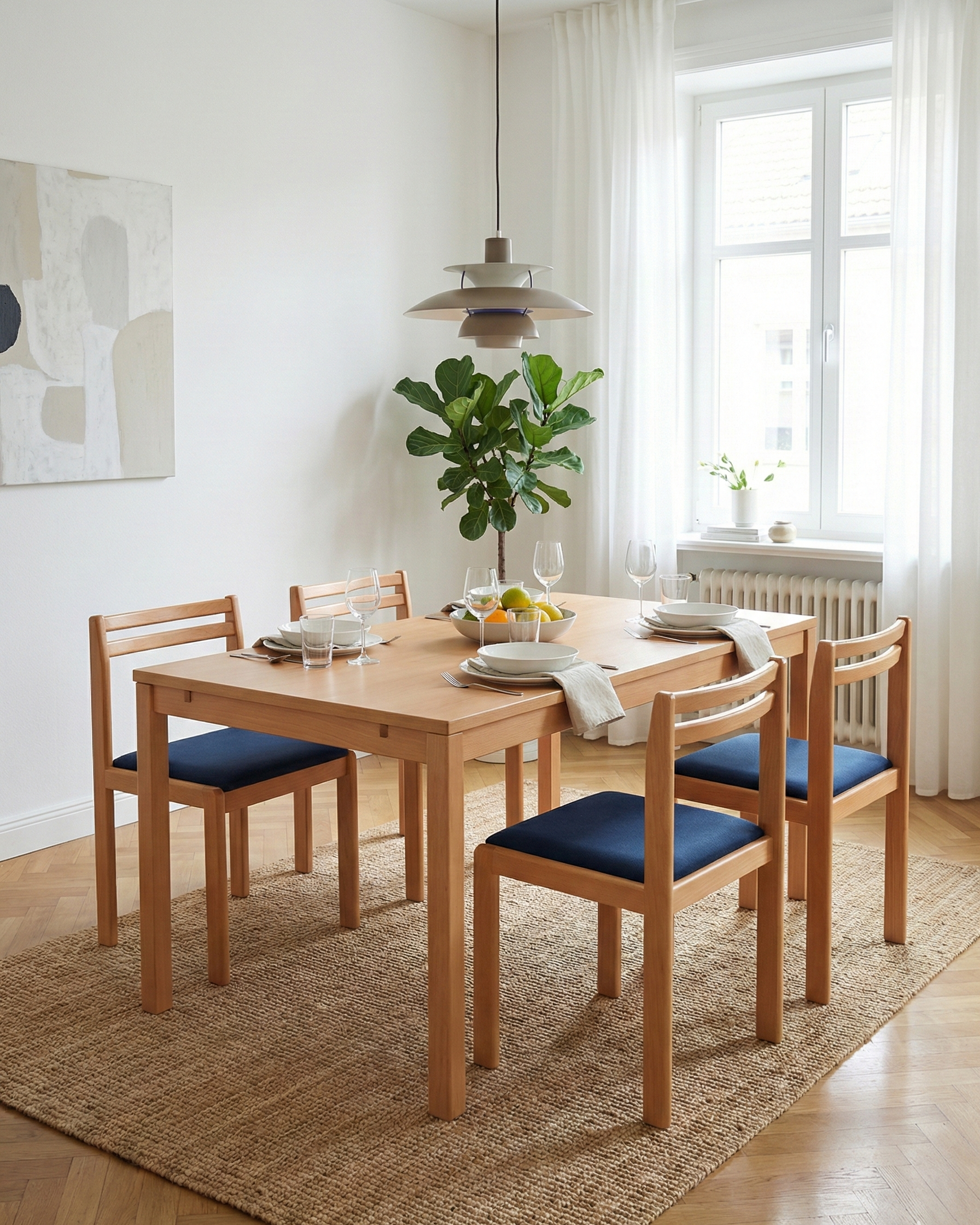 Quattro sedie danesi vintage in betulla con seduta blu attorno a tavolo da pranzo, schienale a listelli, design scandinavo minimalista