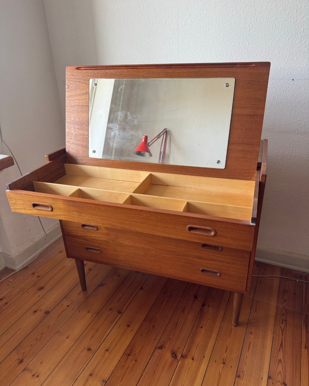 Toletta coppia Design Danese Anni '50 Teak | 5 Cassetti Specchio Restaurata | 99mkt3