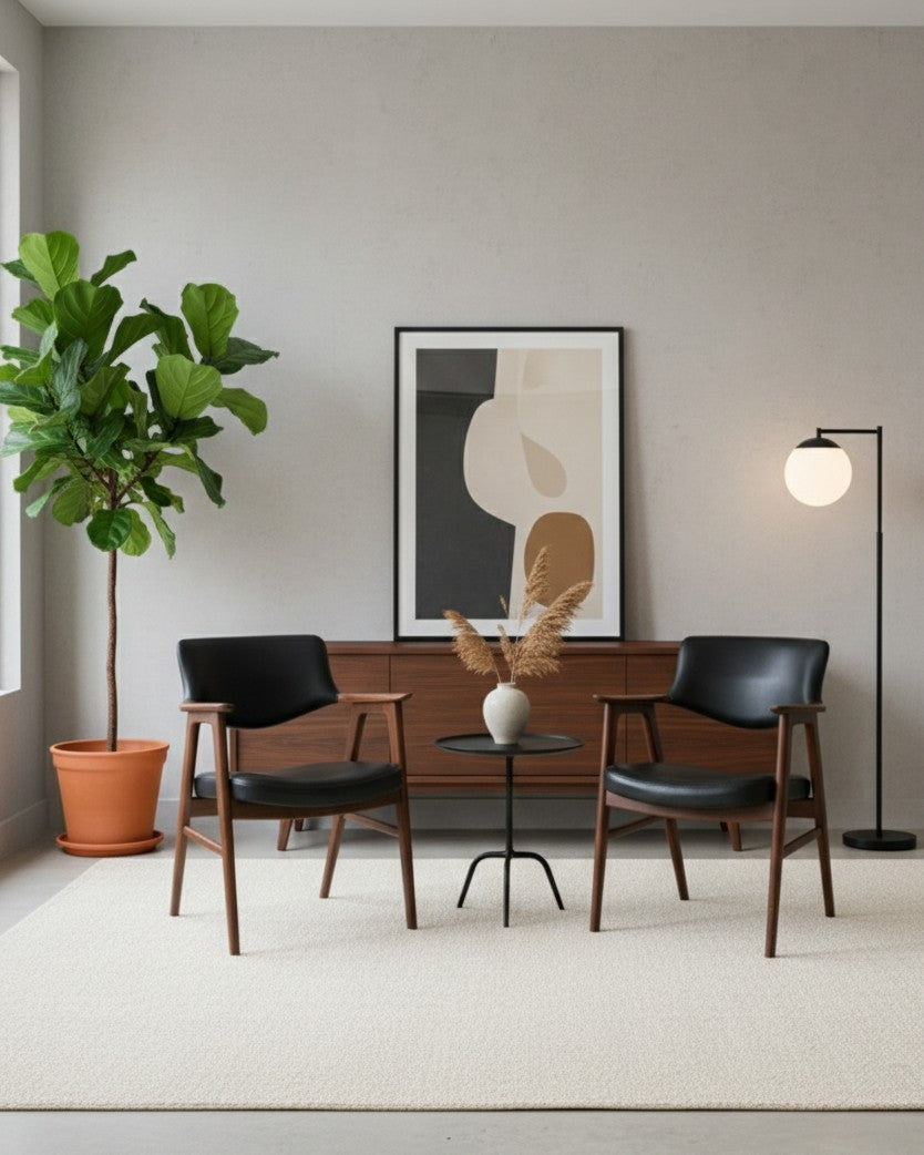 Coppia poltroncine danesi vintage anni 50 in teak in contesto residenziale contemporaneo, design scandinavo mid-century