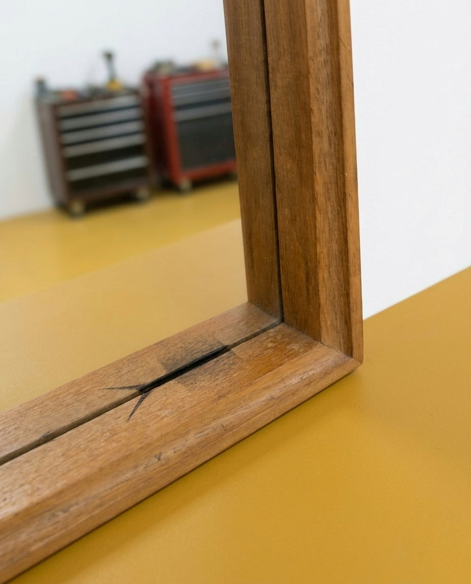 Dettaglio angolo inferiore cornice in rovere dello specchio svedese vintage anni '50 con crepa sul legno
