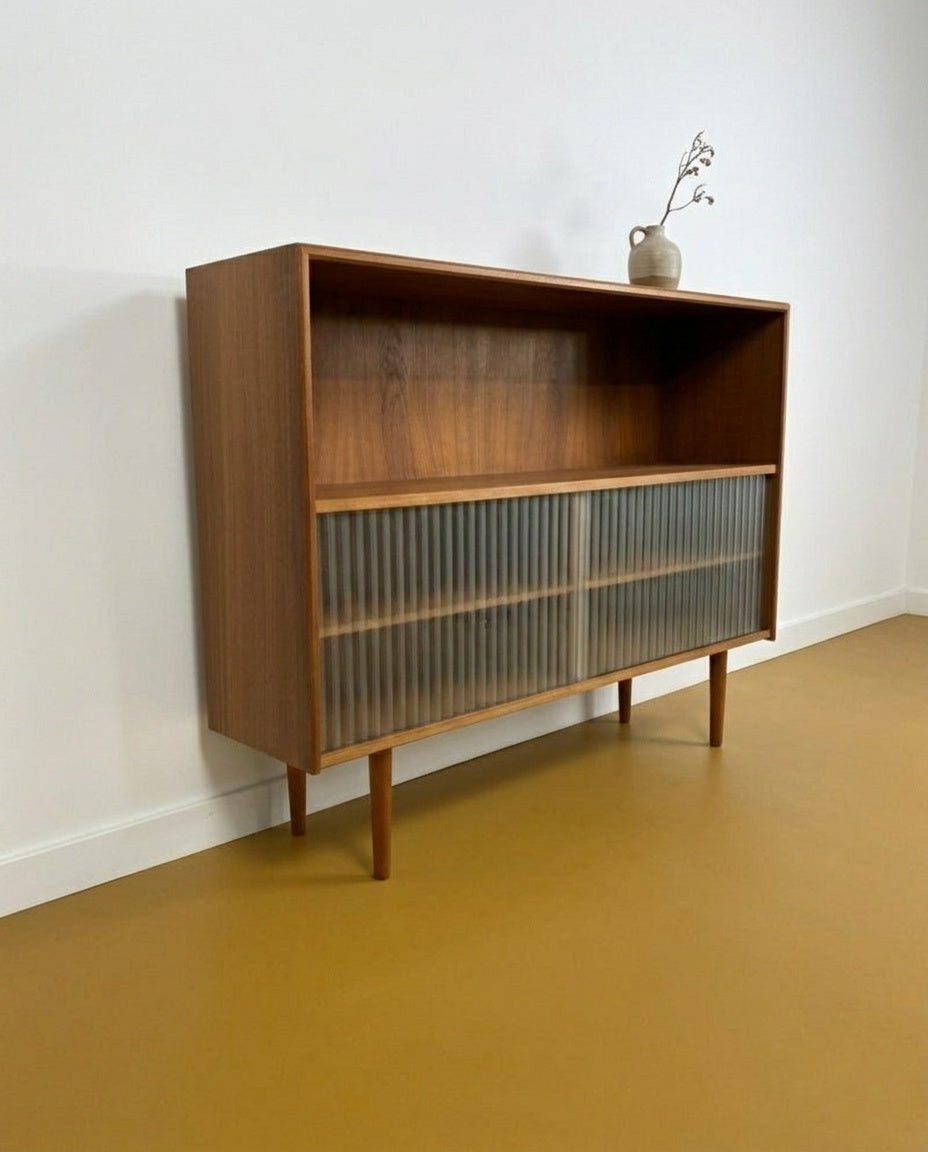 Libreria Bassa Danese Vintage Anni '50 | Teak Ante Vetro Plissettato | 120cm | 96ck2242