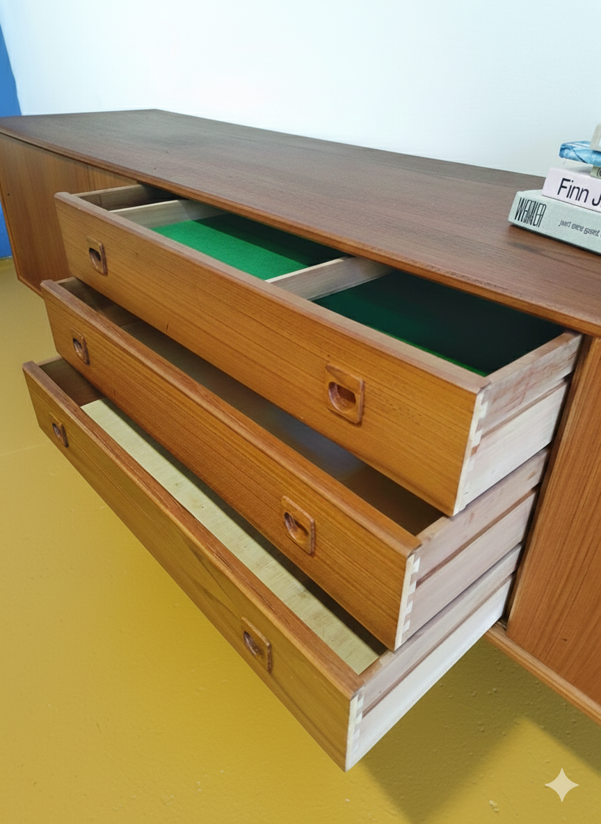 Sideboard Danese Vintage Anni '50 Teak Ante Cassetti Lungo L.240 cm