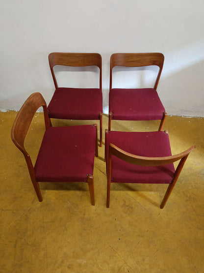 Sedie Henning Kjærnulf design danese vintage anni 50 | set 4 sedie bordeaux