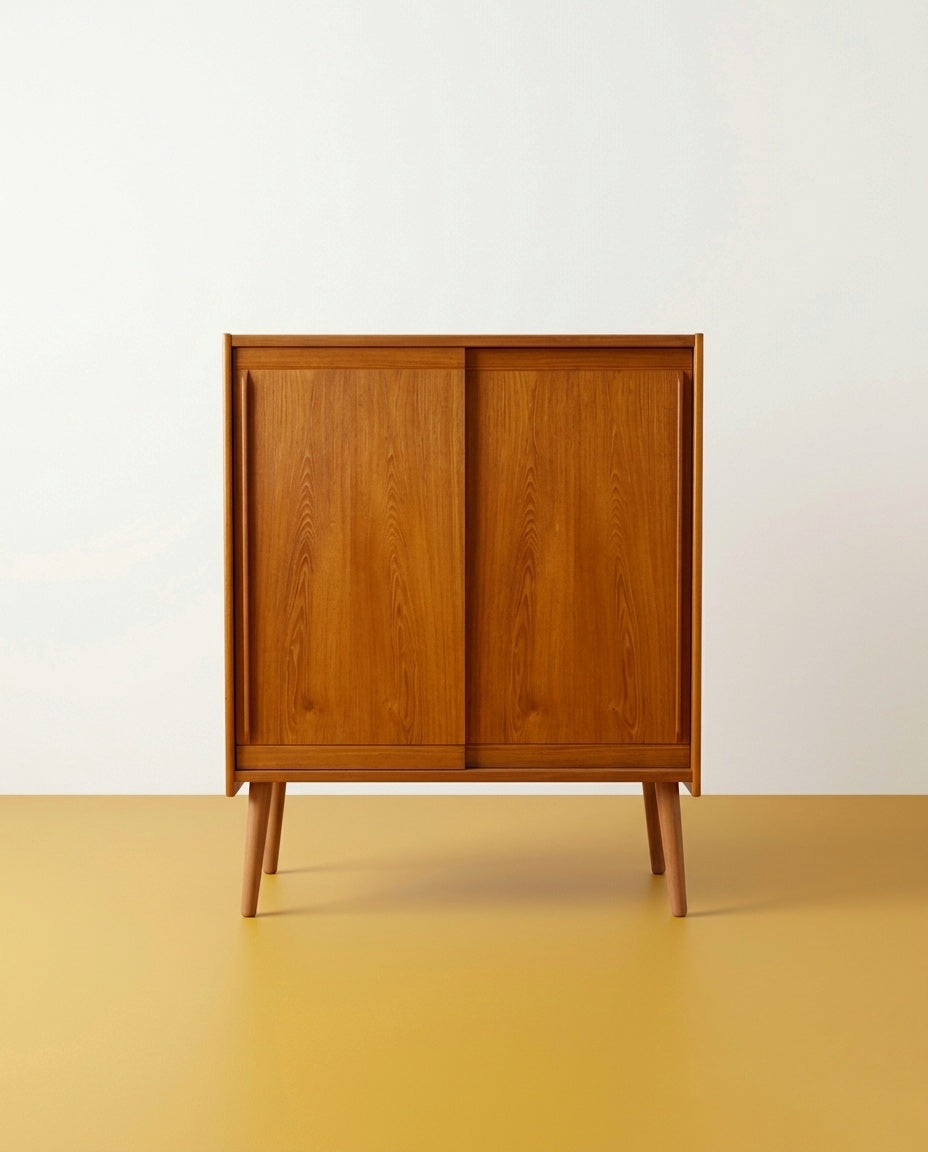 Armadio danese vintage in teak anni 60, due ante scorrevoli con venatura verticale e gambe affusolate, 91 cm