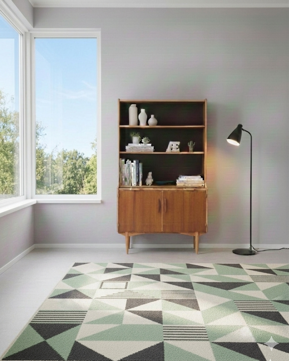 Libreria vintage svedese anni 60 in teak in contesto residenziale contemporaneo, design scandinavo mid-century