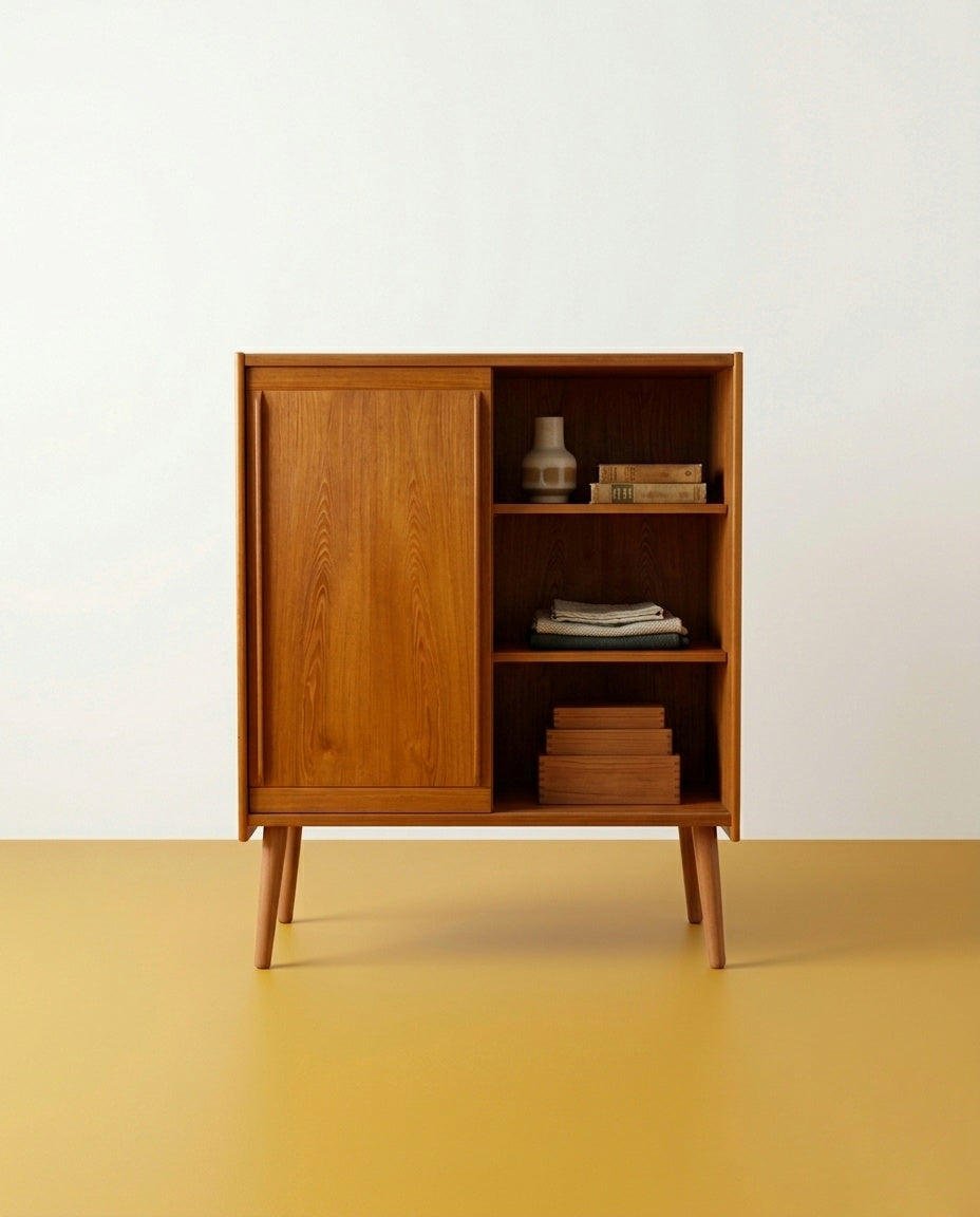 Armadio danese in teak anni 60 con anta aperta, vano interno a due ripiani con oggetti decorativi vintage