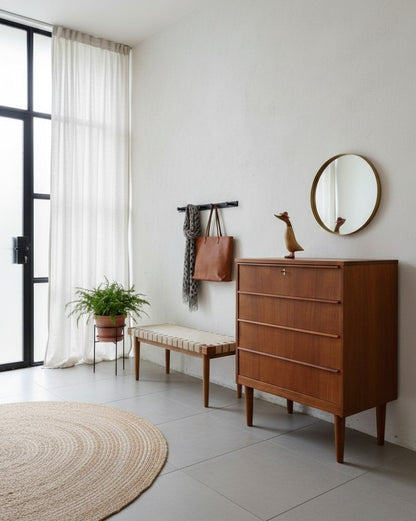 Cassettiera danese vintage anni 50 in teak in contesto residenziale contemporaneo, design scandinavo mid-century