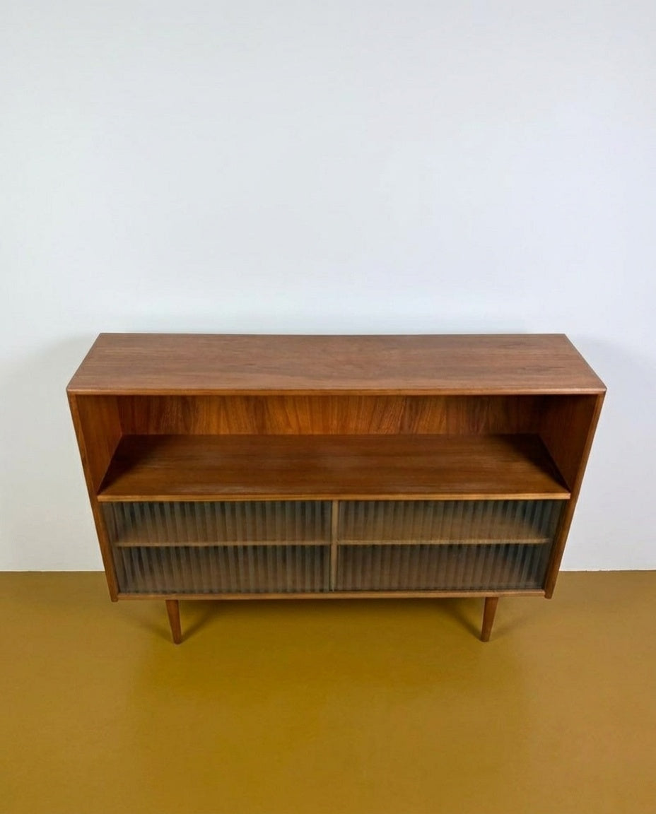 Libreria Bassa Danese Vintage Anni '50 | Teak Ante Vetro Plissettato | 120cm | 96ck2242